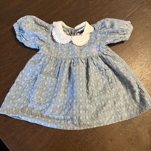 Vtg OshKosh B'Gosh Dress Denim Floral Long Sleeve 12M Peter Pan Collar